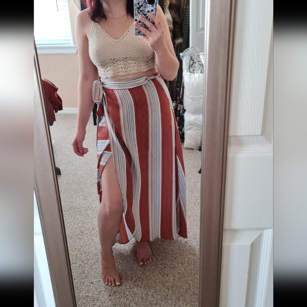 Hummingbird Red and Gray Striped Wrap Maxi Skirt size M/L